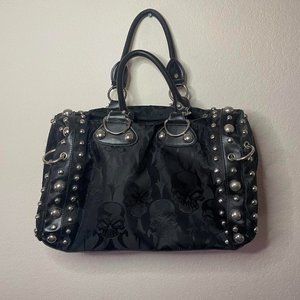 vintage 90s goth demonia apparel stud and black vampire brocade skull duffel bag